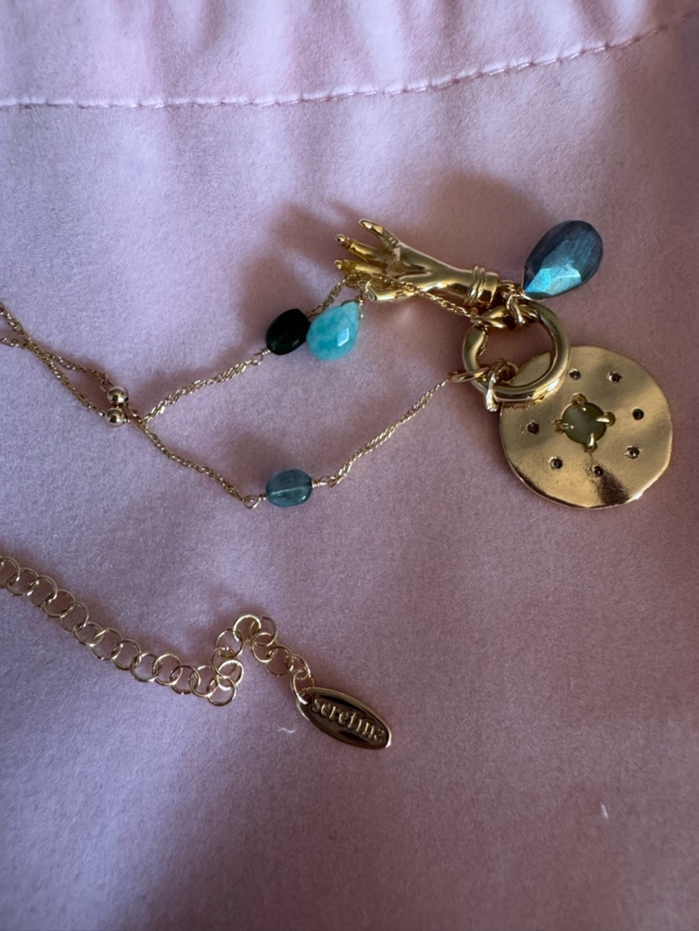 Gold Pendant Necklace with Green and Teal Gem Accents - Picture 3 of 4